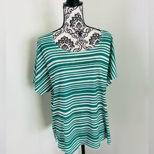 Chico’s Women’s Green White Striped Short Sleeve Round Neck T-Shirt Size XL